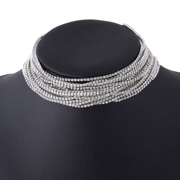Multilayer Rhinestone Choker Necklace Bling Crystal Collar Choker Party Jewelry - Picture 2 of 5